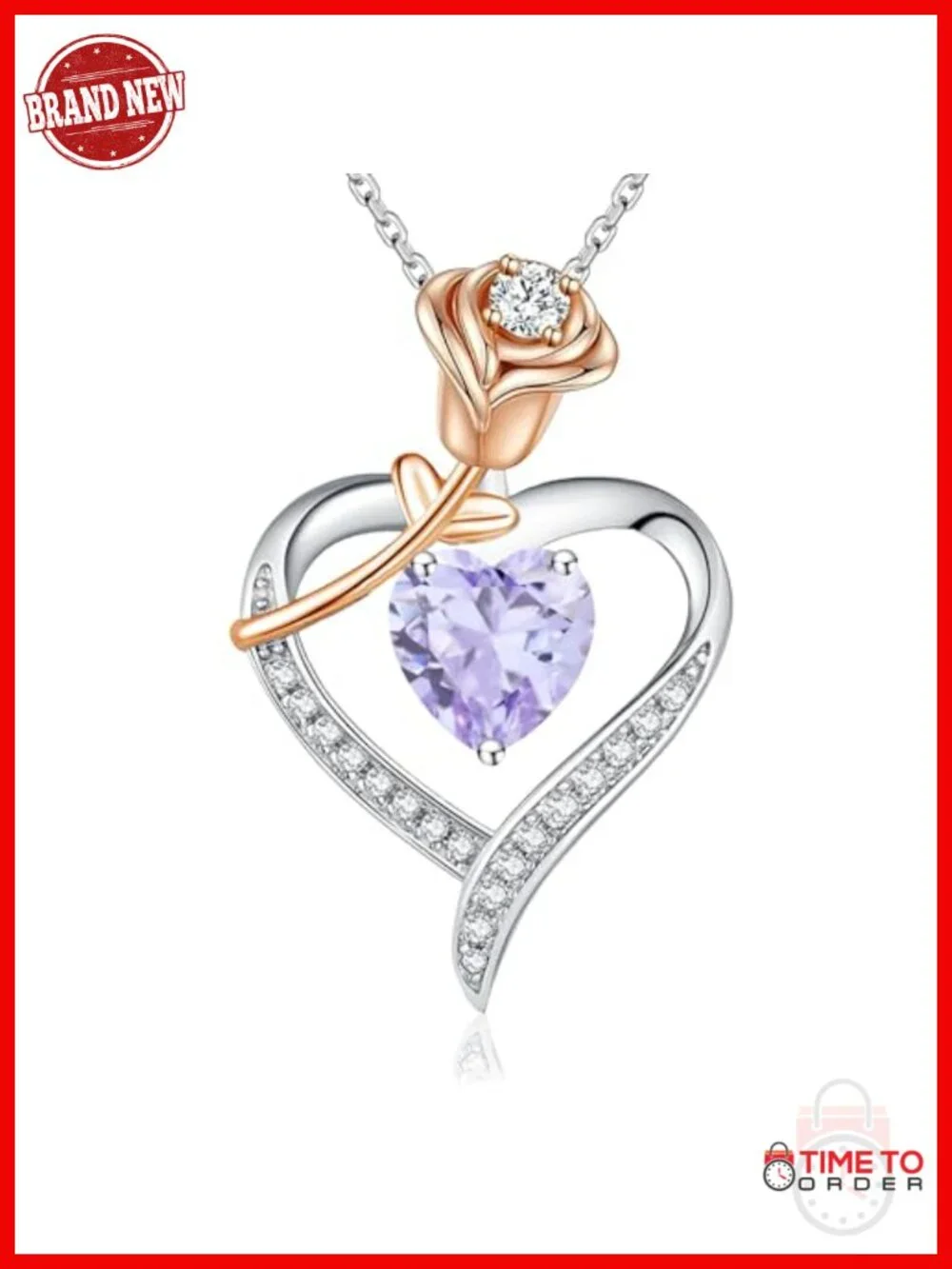Sterling Silver White Gold Plated Heart Birthstone Pendant Necklace